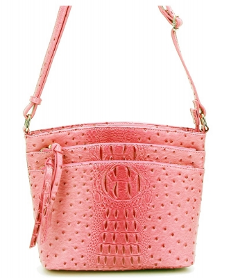 Ostrich Croc Multi Zip Pocket Crossbody Bag OS059 ROSEPINK